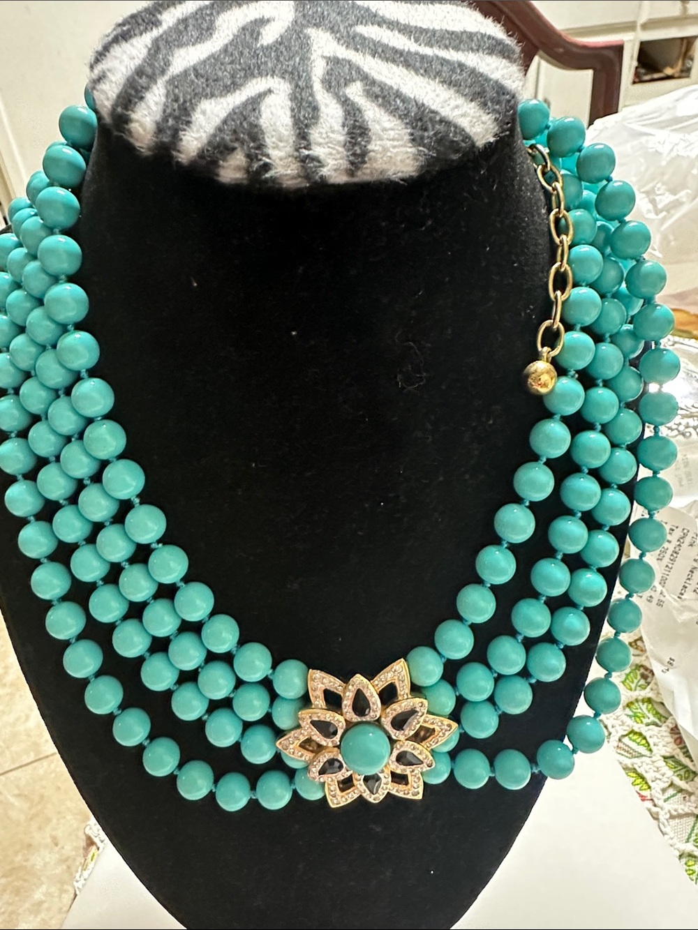 Turquoise Multi-Strand Beaded Necklace with Floral Crystal Accent